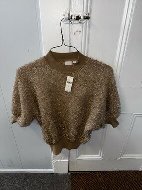 Maeve Metallic Sparkle Short-Sleeve Crewneck Sweater - Brown